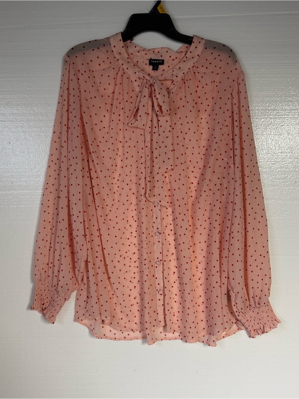 Torrid Shirt 3 Pink Red Polka Dot Tie Neck Chiffon Blouse Long Sleeve Plus Size